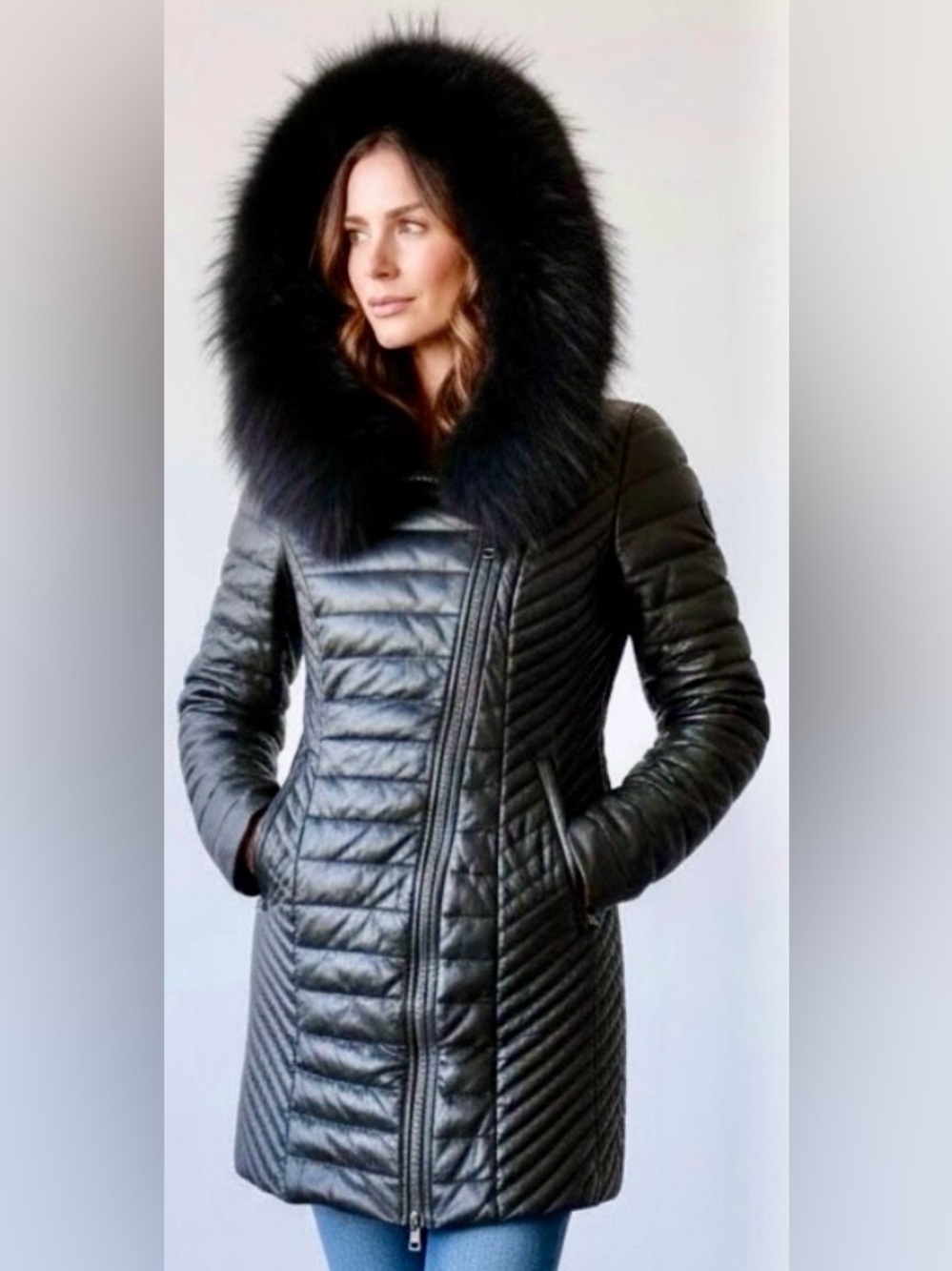 RUDSAK Full Leather Quilted Down Puffer Coat with real Fur Shawl Hood Size M